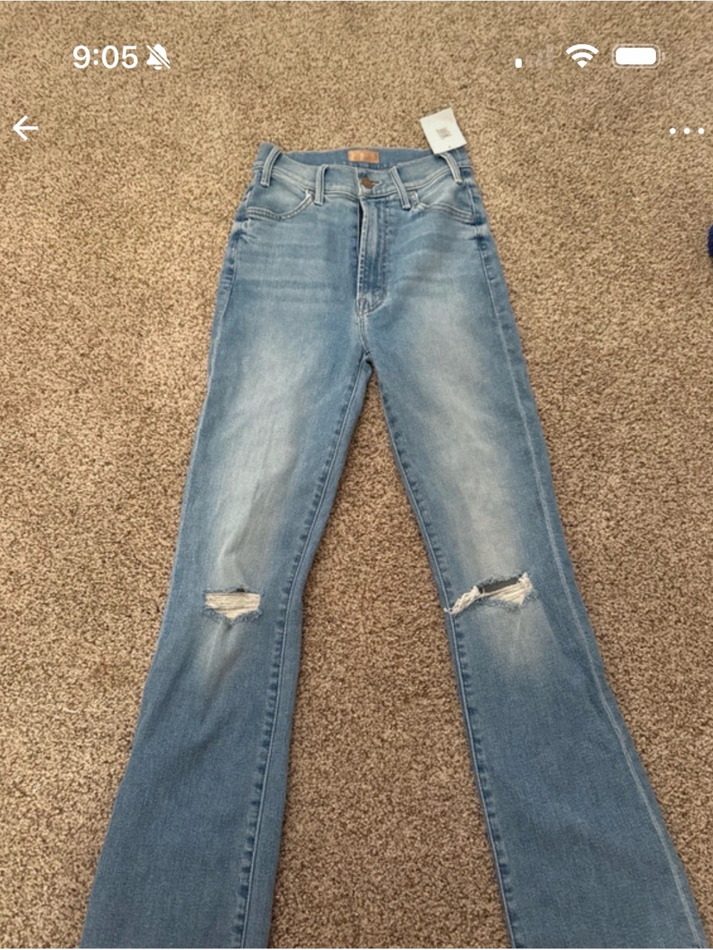 MOTHER Light Blue High-Rise Distressed Flare Jeans